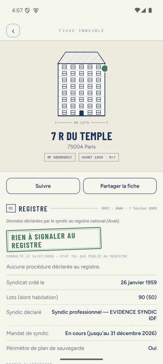 Fiche immeuble avec le tampon Rien à signaler au registre