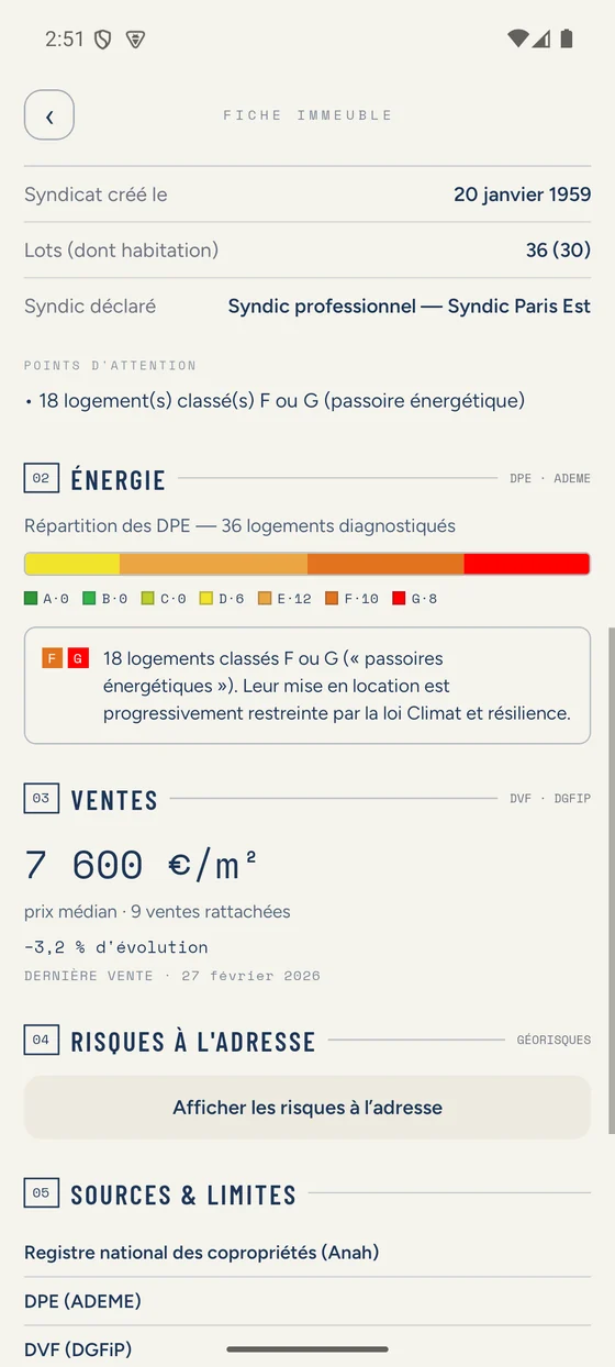 Prix réels au m² issus des ventes et risques à l'adresse